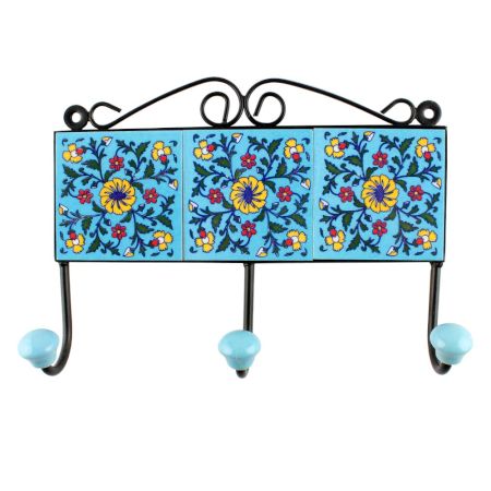 Turquoise Base Yellow Wheel Flower Ceramic Tiles Hooks